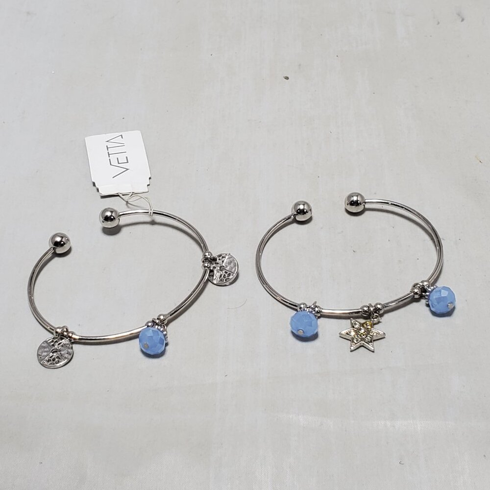 Vetta Silver Open Cuff Charm Bracelets – Set of 2